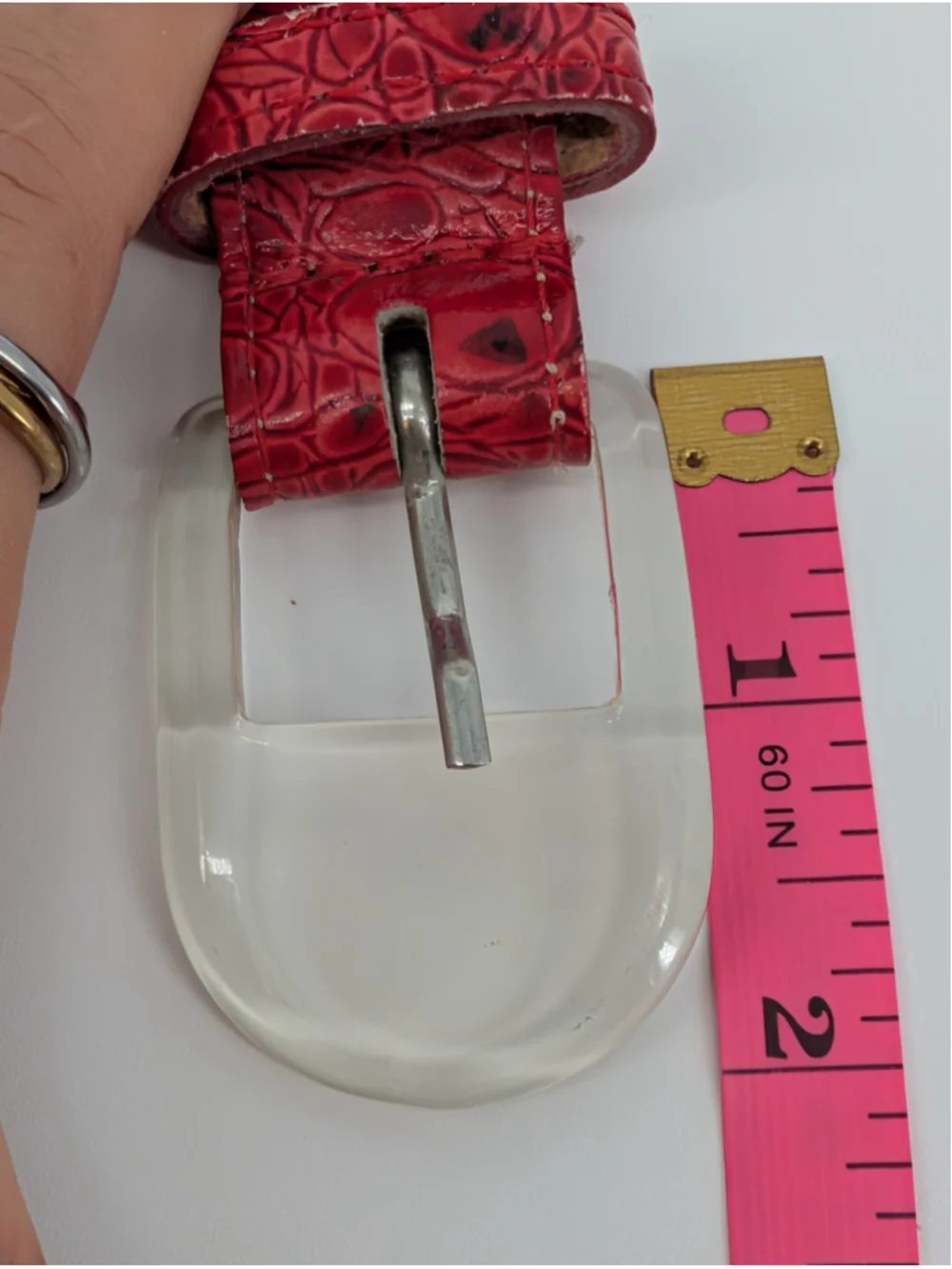 Vintage Schaffer Red Croc Embossed Belt Clear Acrylic Buckle 28-31 Lipstick Red